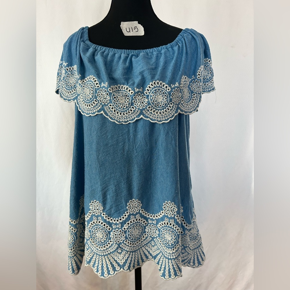 Fever Blue and White Lace Trim Blouse